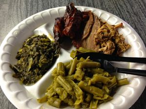 Smoked wings, brisket, pulled pork, greens and green beans