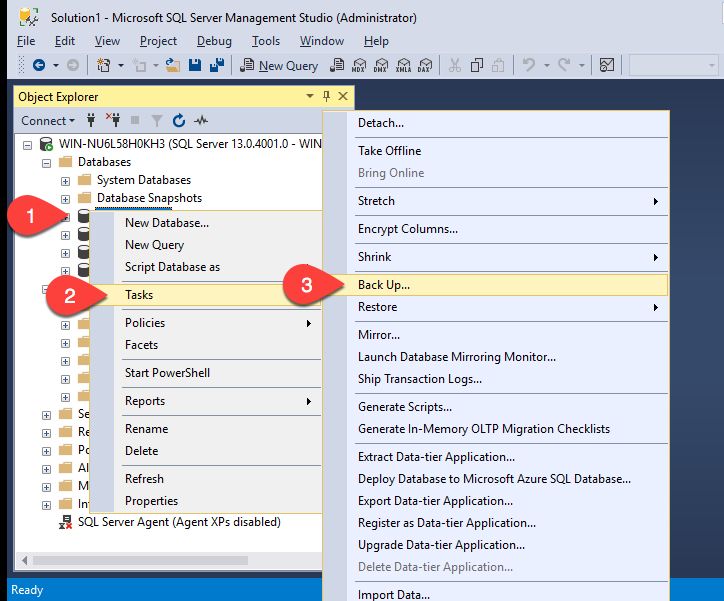 Database -> Tasks -> Back Up...